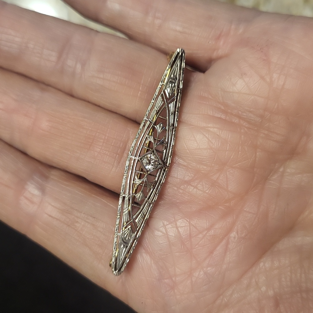 Vintage 1930's PLATINUM/ WHITE GOLD  Art Deco Filigree Pin/Brooch - Picture 6 of 6
